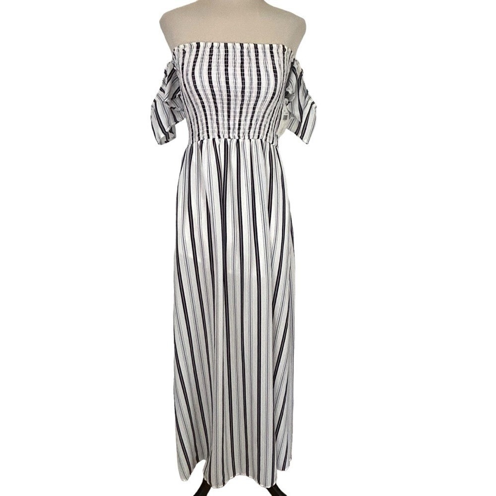 ALTAR'D STATE New Black White Stripe MAXI DRESS S Off Shoulder Smocked  preppy - Picture 2 of 15